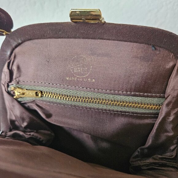 Vintage 30s 40s Brown Gathered Suede Leather Art Deco Handbag Frame Purse - Picture 5 of 7